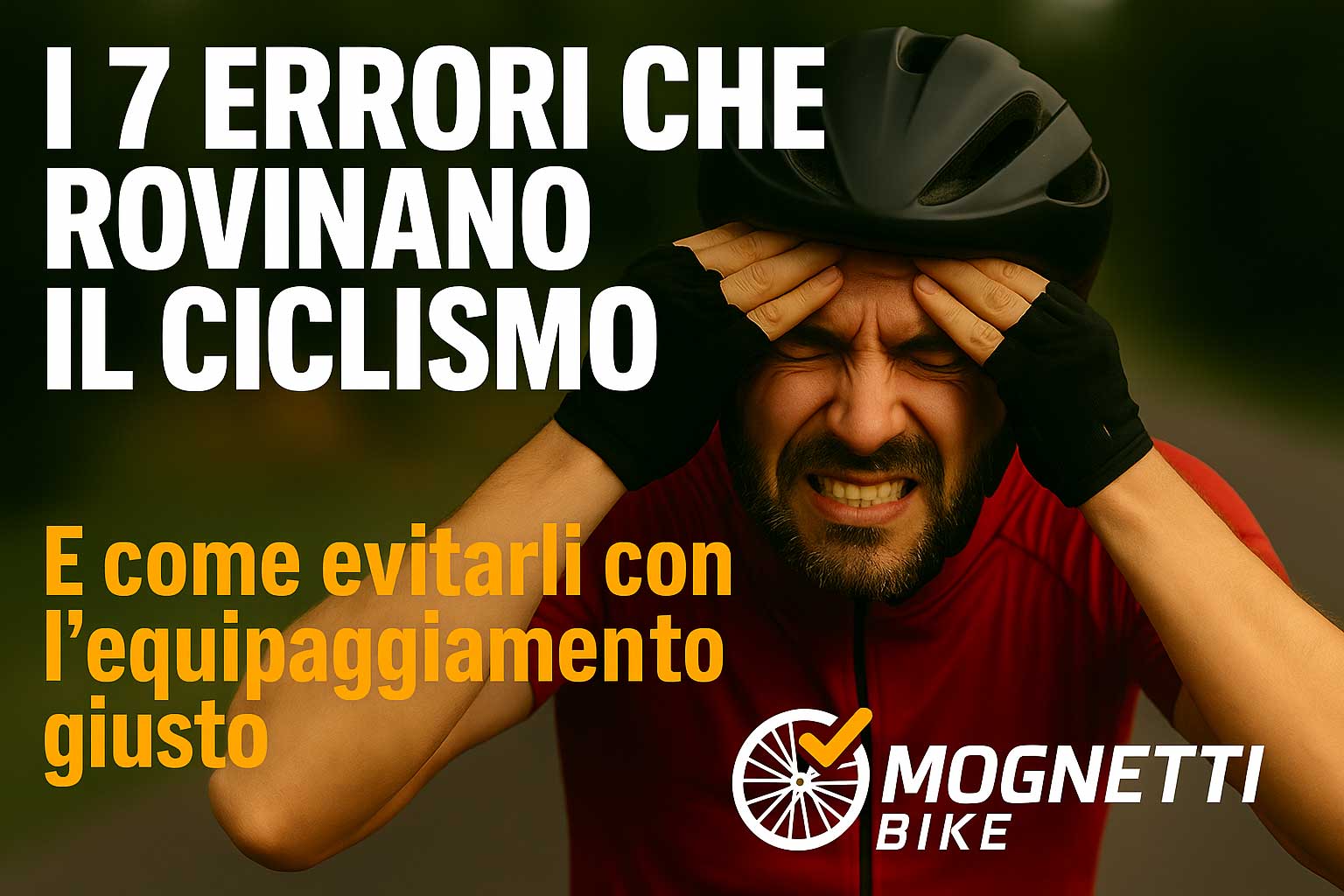 Ciclista frustrato con casco e guanti che si tiene la testa tra le mani dopo aver commesso errori comuni nel ciclismo